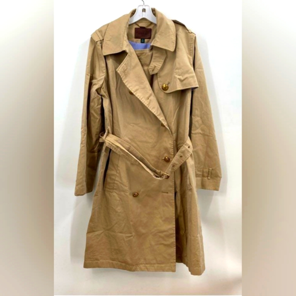 Lauren Ralph Lauren Designer Beige Tan Belted Trench Coat Stripe Blue Lining 12 - Picture 1 of 6